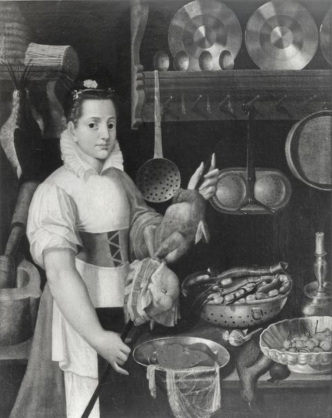 Foto Amoretti — Aertsen Pieter - sec. XVI - Interno di cucina con carne macellata, pollame, ortaggi, fruttiera di ciliegie e figura femminile — insieme